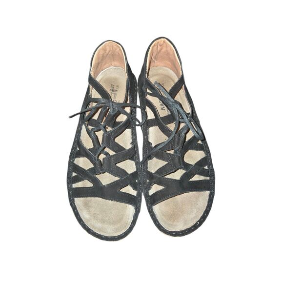 NAOT Yarrow Sandals Size 6 Black Nubuck Strappy Lace Up Wedge Heeled Anatomical - Picture 2 of 9